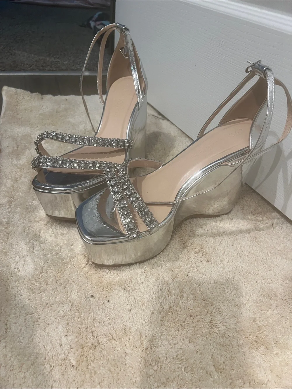 Wild Diva Silver Rhinestone Platform Wedge Sandals